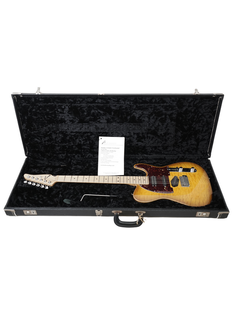 A 2005 Tom Anderson Hollow T Classic guitar snugly packed in a black case, ready for the next jam session.