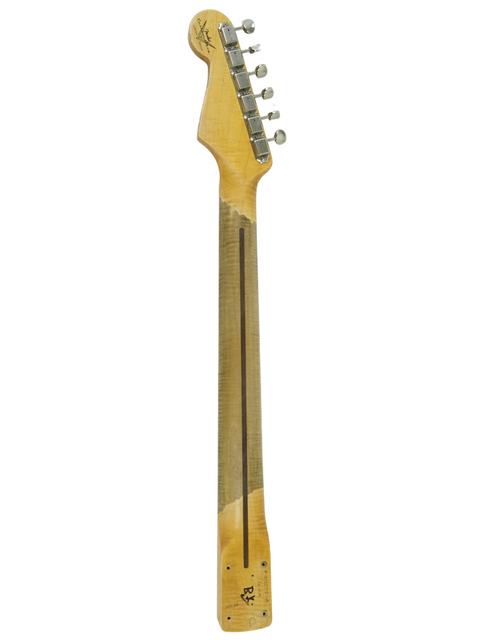 A Fender Custom Shop '56 Relic Stratocaster neck attached to a wooden body guitar, showcasing craftsmanship and design.