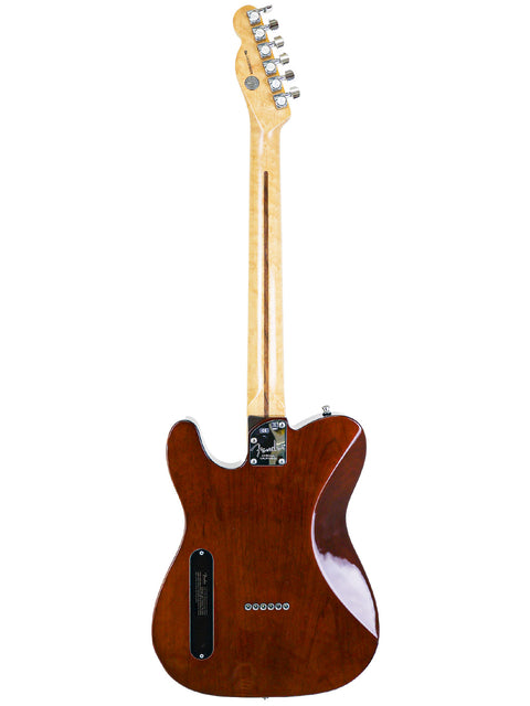 A Fender electric guitar with a natural wood finish and a maple neck, isolated on a white background.