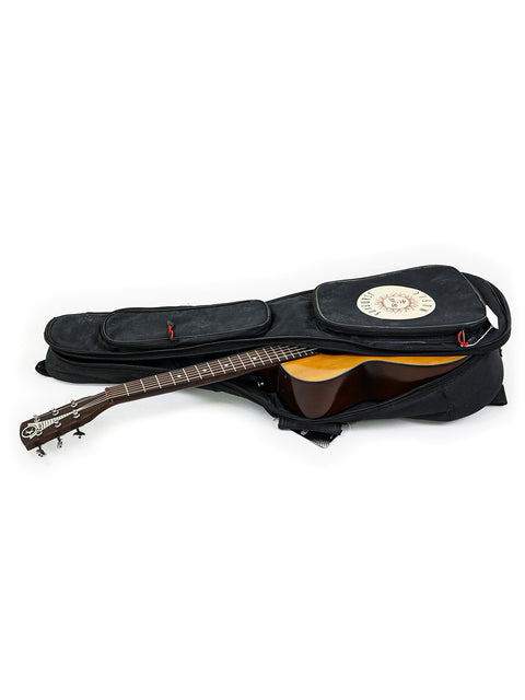 A Kay K113 Parlour Guitar, crafted in the USA between 1966-68, is securely placed inside a stylish guitar case.