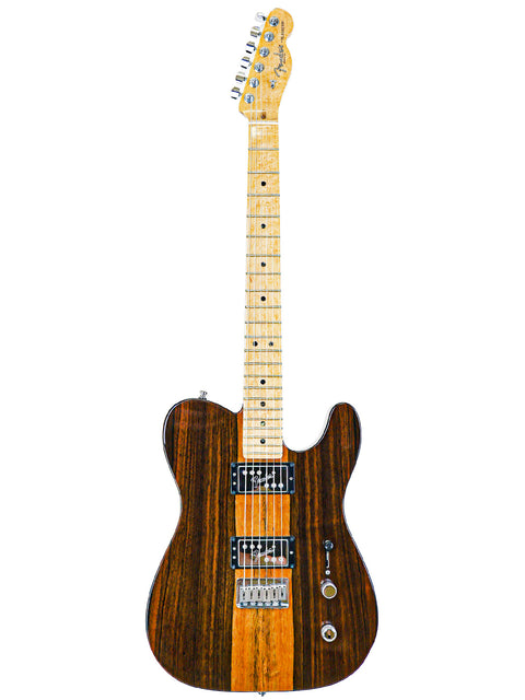 A Telecaster-style electric guitar with a wood grain body and maple neck.
