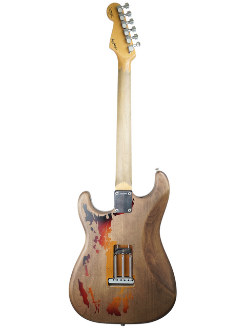 A beautifully painted Fender Custom Shop Rory Gallagher Stratocaster, featuring a relic design on its body and neck.
