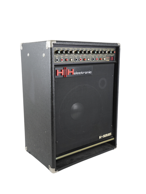 A black HH Electronics K-80 keyboard amplifier with a striking red logo, showcasing its powerful 100W output.