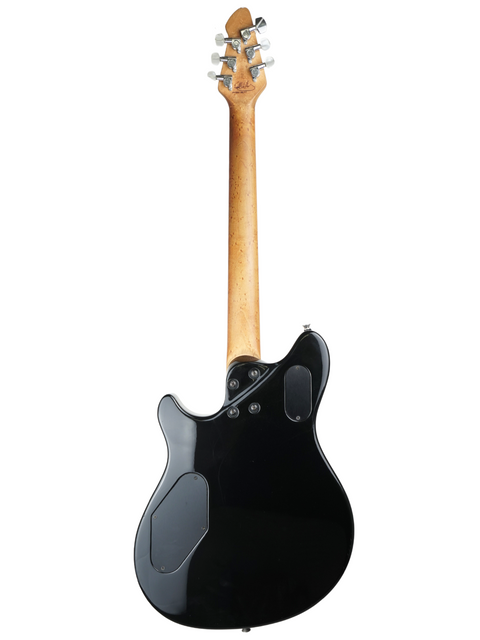 A black electric guitar with a wooden body, the Peavey EVH Wolfgang Standard Hardtail, crafted in the USA in 2000.