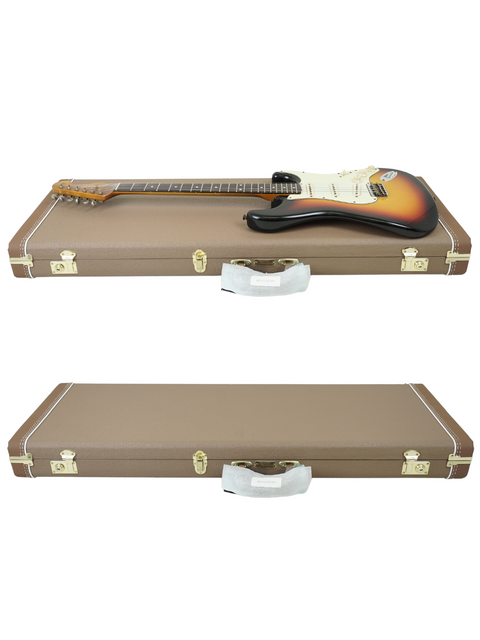 A brown guitar case holding a Fender Custom Shop '60 Stratocaster Hardtail from the USA, 2022.