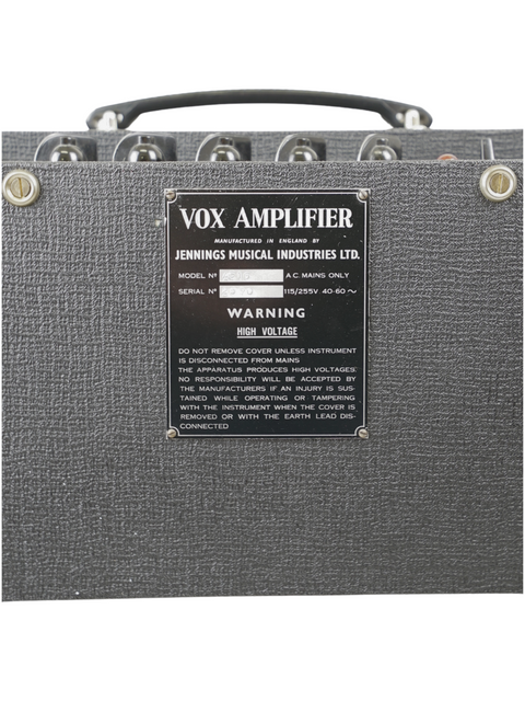 A classic 1964 Vox AC10 Twin amplifier showcasing the "Vox Amplifier" branding in a stylish design.