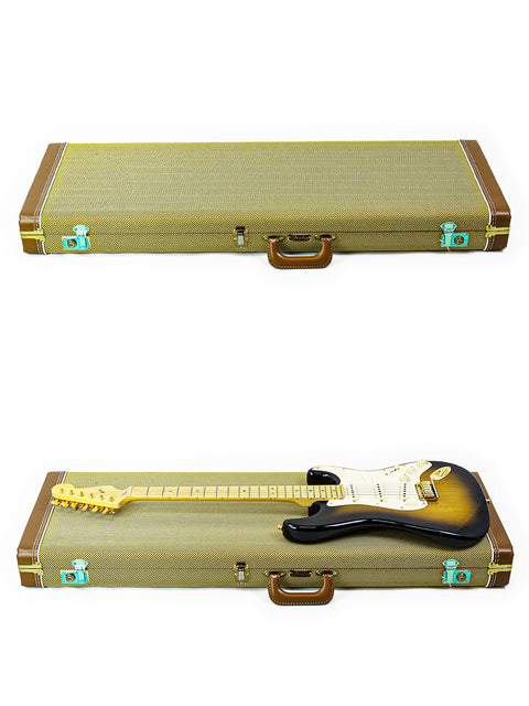 A closed guitar case above, and the same case open with an electric guitar inside below.