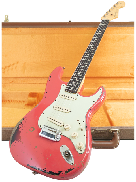 A red '63 Michael Landau Stratocaster Relic guitar in a wooden case, highlighting its craftsmanship and classic appeal.
