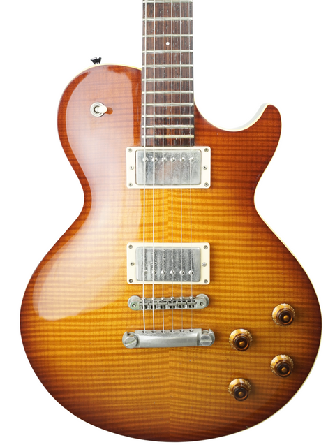 A single-cutaway electric guitar with a sunburst finish and two humbucker pickups.