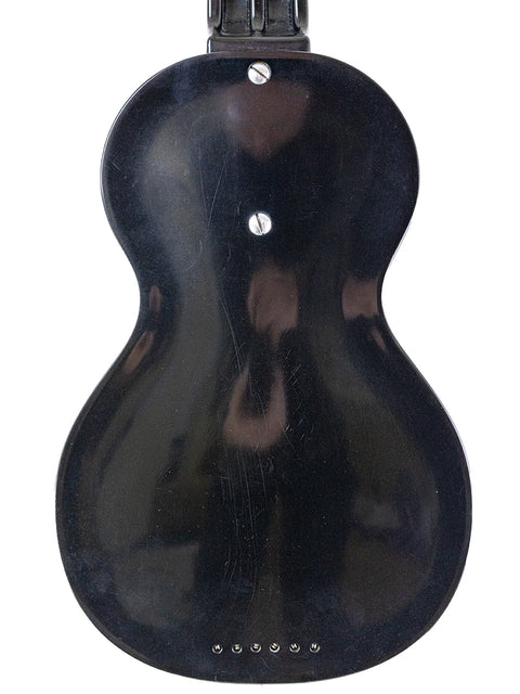 A sleek black vintage Rickenbacher Electro B-6 Lap Steel guitar featuring a stylish white pick guard from the 1930s.