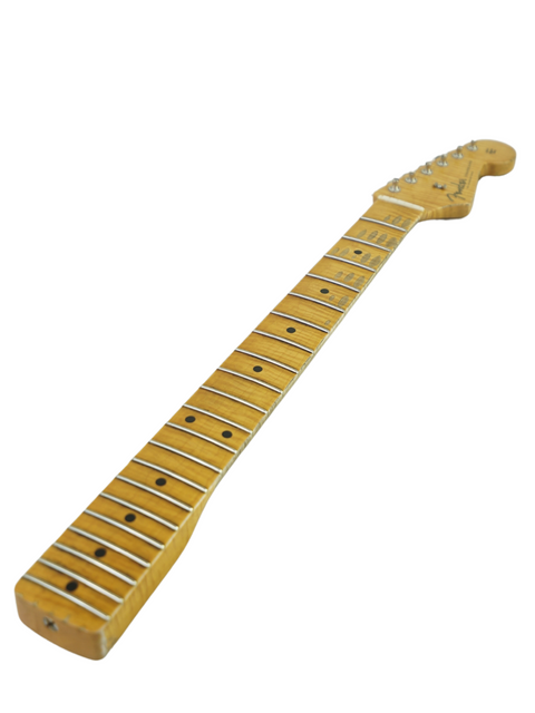 A wooden-bodied guitar with a Fender Custom Shop '56 Relic Stratocaster neck, exemplifying fine American craftsmanship from 2019.