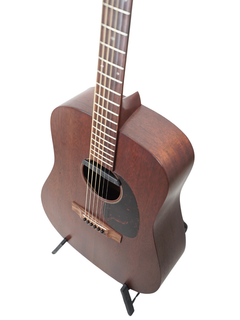 A wooden Martin D-15M guitar from 2014 showcased on a stand with a bright white background.