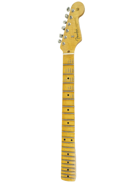 A wooden body guitar featuring a Fender Custom Shop '56 Relic Stratocaster neck, exemplifying quality and artistry.