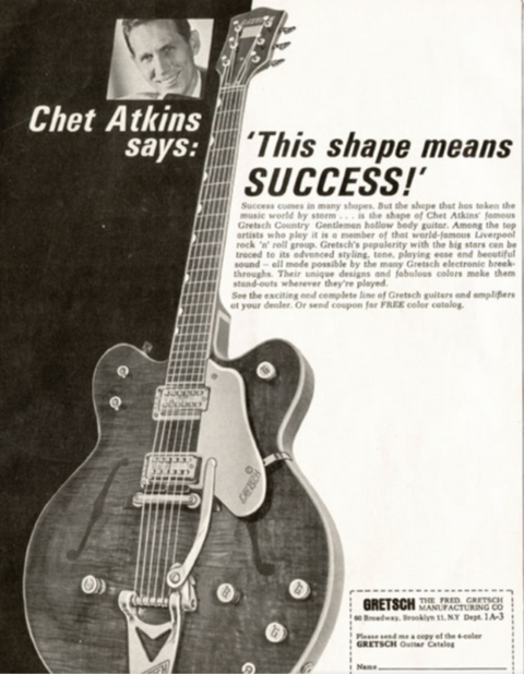 Advertisement for the 1962 Gretsch G-100, showcasing the classic 6122 Chet Atkins Country Gentleman from 1967.