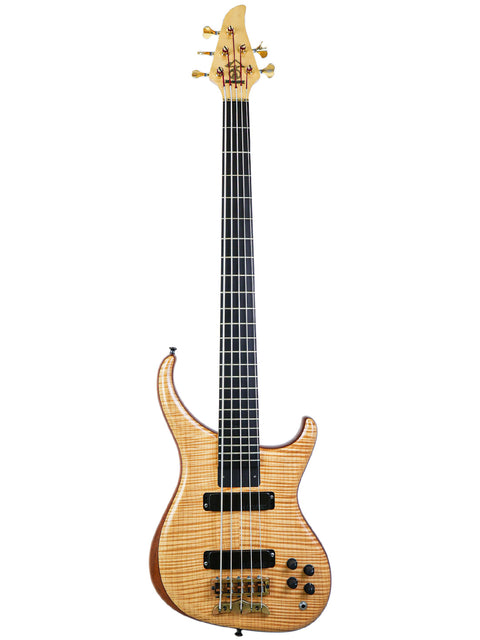 Alembic Orion 5-string bass guitar, front view showcasing its natural flame maple finish and black hardware, USA 1999.