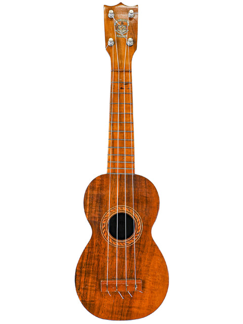Aloha Tabu Akai ukulele, front view showcasing the vintage Hawaiian craftsmanship and rich wooden finish, 1920/30s.

