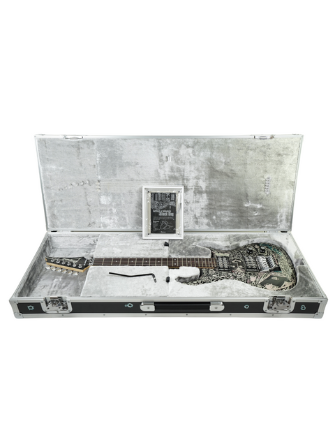 An Ibanez Joe Satriani Black Dog guitar in its case, displayed on a white background, highlighting its exclusive craftsmanship.
