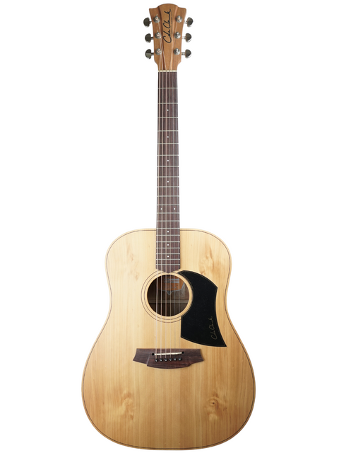 An acoustic guitar with a natural finish on a white background.