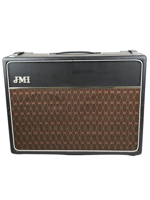 An old HMJ amplifier featuring a brown and black pattern, signed for the JMI-30 Shadows Anniversary Tour, UK 2009.