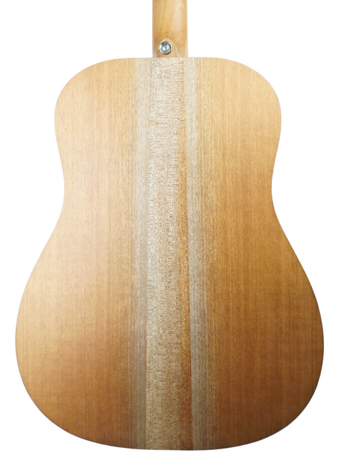 Back of an acoustic guitar showing wood grain and a central stripe.