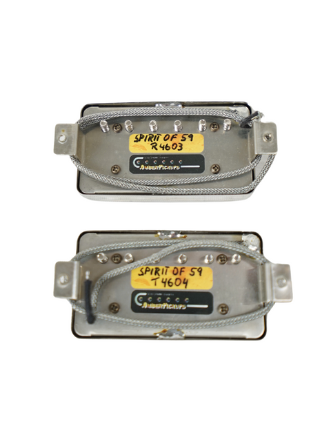 Back view of Amber Spirit of '59 humbuckers, showing the detailed wiring and "Spirit of '59" label for authenticity.