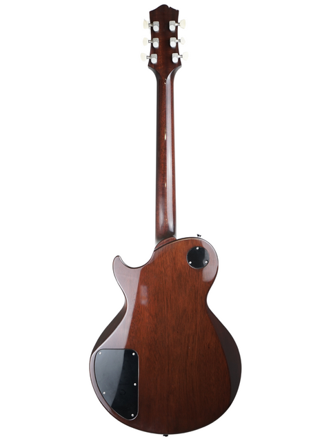 Back view of a wooden electric guitar with six tuners on a white background.