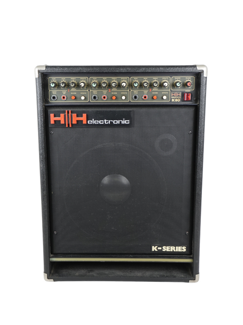 Black amplifier featuring "hi fi" text, representing the HH Electronics K-80 Keyboard Amplifier, 100W, made in the UK.