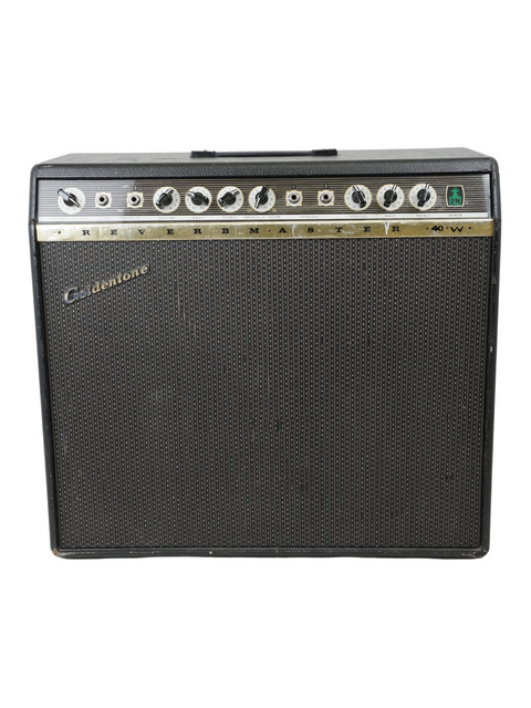 Black and gold Goldentone Reverbmaster Model 1755 amplifier from 1966 displayed on a white background.