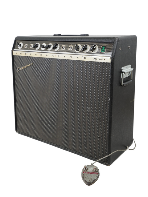 Black and white image showcasing the Vintage Goldentone Reverbmaster Model 1755 amplifier, dating back to 1966.