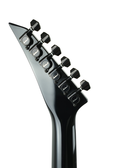 Black guitar head against a white background, featuring the Jackson Custom Shop Randy Rhoads RR1 from 2006.
