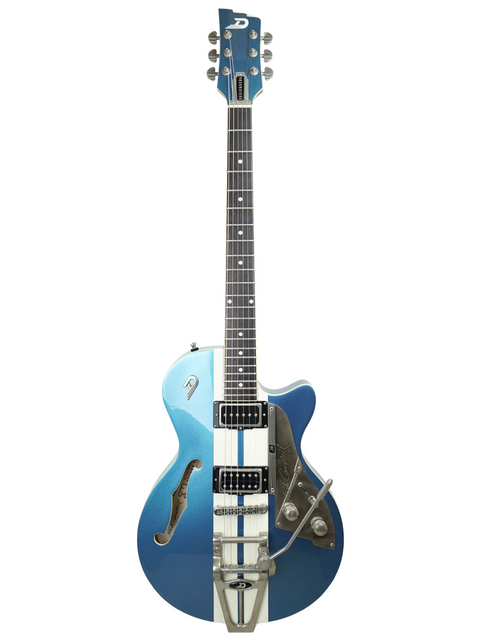 Blue electric guitar with silver hardware on a white background.