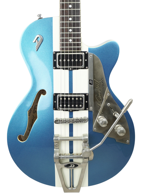 Blue electric guitar with white racing stripe, two pickups, and a tremolo arm.