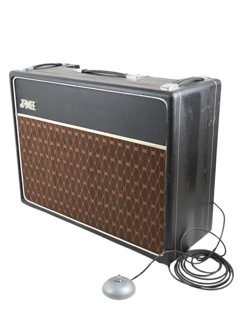 Brown and black vintage amplifier, JMI-30 Shadows Anniversary Tour signed edition from the UK, 2009, highlighting retro style.