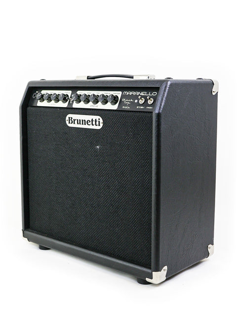 Brunetti Maranello Black Top 1x12” Combo amplifier in black finish, showcasing the angled front panel with control knobs and sturdy handle – Italy 2016.