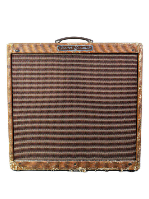 Classic 1959 Fender Bassman amplifier with a unique brown and white checkerboard design, perfect for any retro setup.