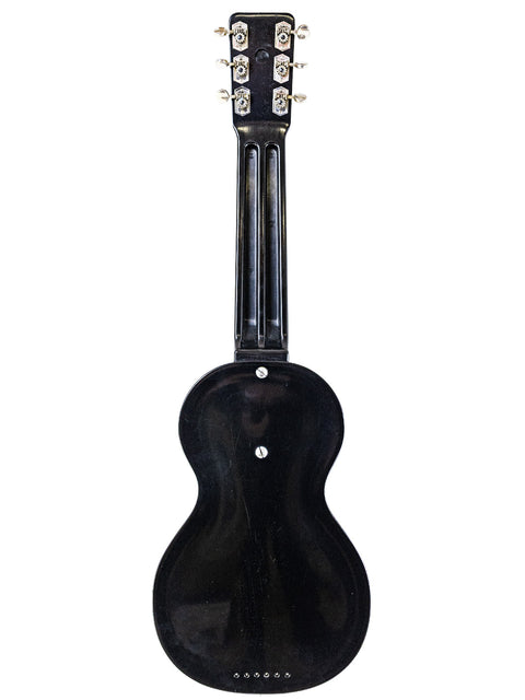 Classic black Rickenbacher Electro B-6 Lap Steel guitar on a white background, highlighting its vintage charm from the 1930s.
