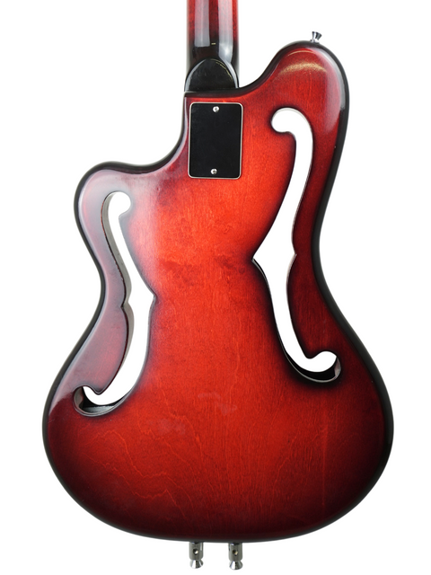 Close-up of a 1966 Ampeg AEB-1 electric bass featuring a vibrant red body and sleek black headstock.
