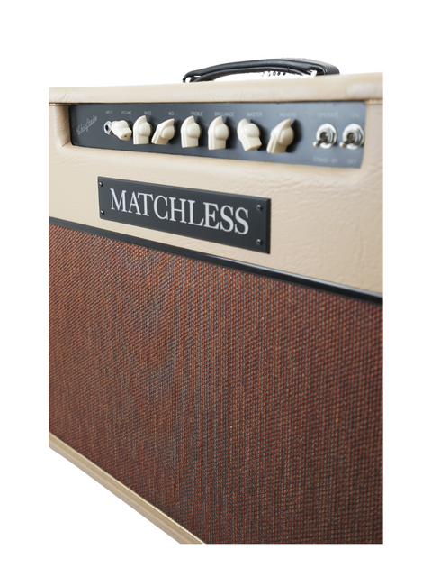Close-up of a 2005 Matchless Chieftain 2 x 12" Combo amplifier, highlighting its distinctive features and vintage appeal.