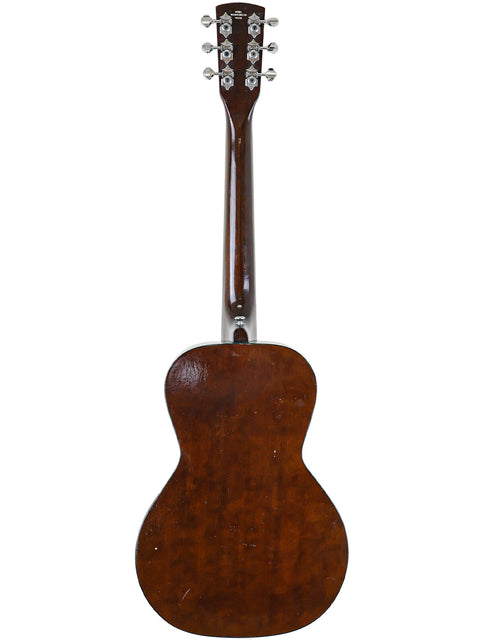 Close-up of a Kay K113 Parlour Guitar with a beautifully crafted wooden back and neck, highlighting its vintage charm from 1966-68.
