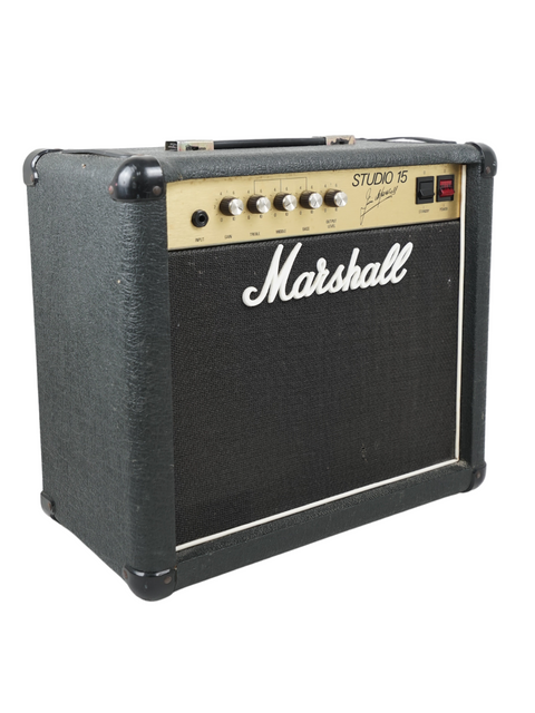 Close-up of a Marshall JCM800 guitar amplifier, 4001 Studio 15 Combo from 1987, highlighting its classic look and craftsmanship.