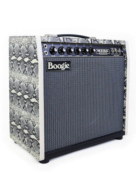 Close-up of a Mesa Boogie King Snake guitar amplifier, adorned with a bold snake print, highlighting its 2014 USA design.