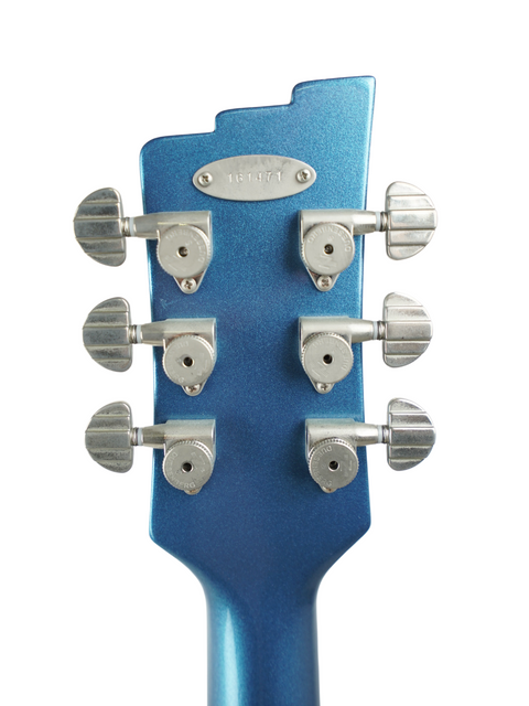 Close-up of a blue guitar headstock with tuning pegs on a white background.