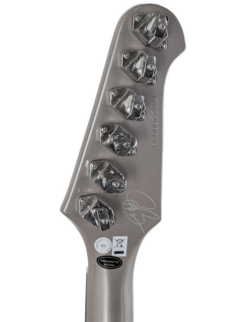 Close-up of a grey guitar headstock with tuning pegs, on a white background.