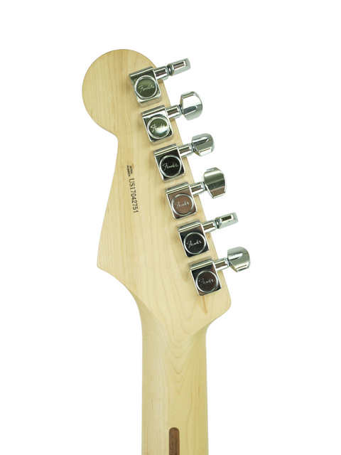 Close-up of a guitar headstock with Fender tuning pegs on a white background.