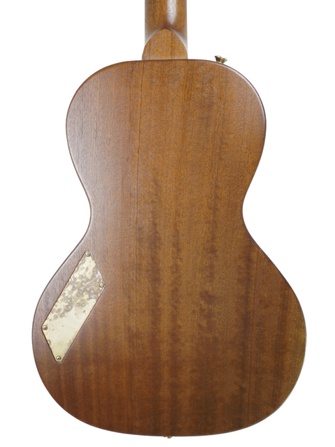 Close-up of the back of B&G 'Little Sister,' emphasizing the detailed wood texture and brass plate feature.