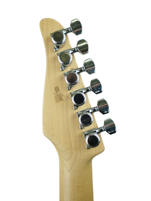Close-up shot of the neck on a 2005 Tom Anderson Hollow T Classic electric guitar, emphasizing its elegant design.
