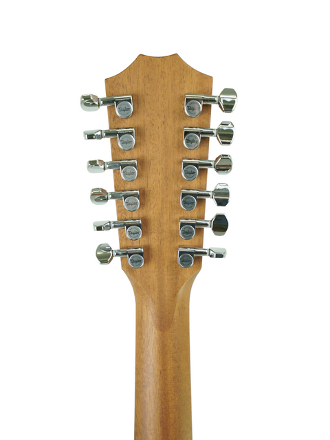 Close-up shot of the neck on a Taylor 455ce 12-string guitar from 2011, featuring beautiful wood textures and inlays.