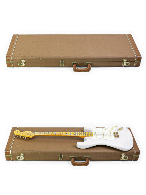 Closed guitar case above; same case open with white electric guitar inside below.