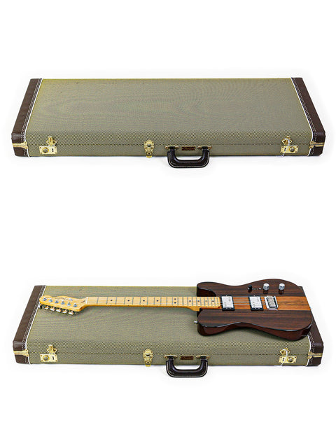 Closed guitar case on top, the same case open with a guitar inside at the bottom.