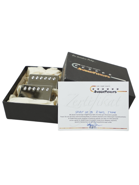 Complete Amber Spirit of '59 humbuckers set with a certificate of authenticity, showcasing their German craftsmanship from 2012.